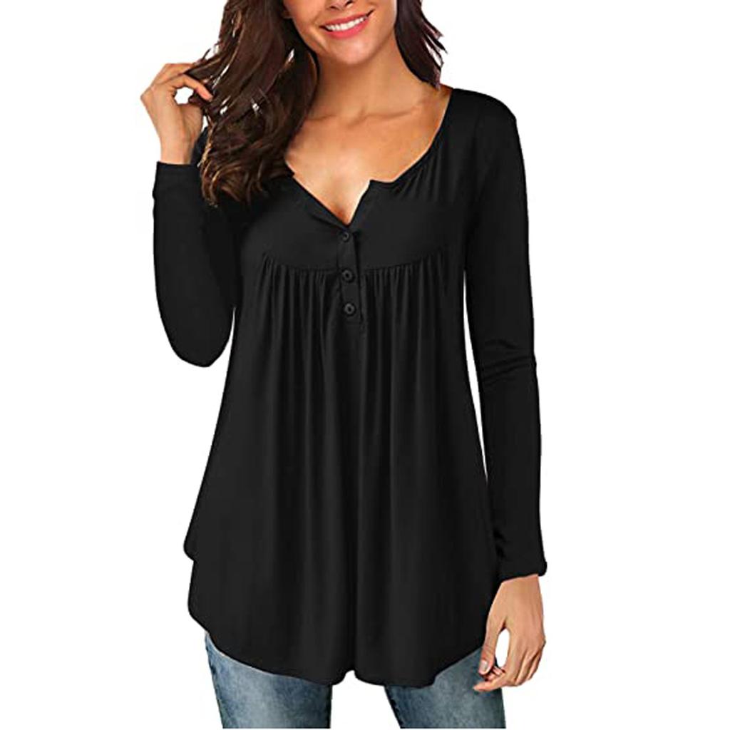 Ladies Fashion V-neck Button Pleated Long-sleeved Sleeves Two-wear Loose Top