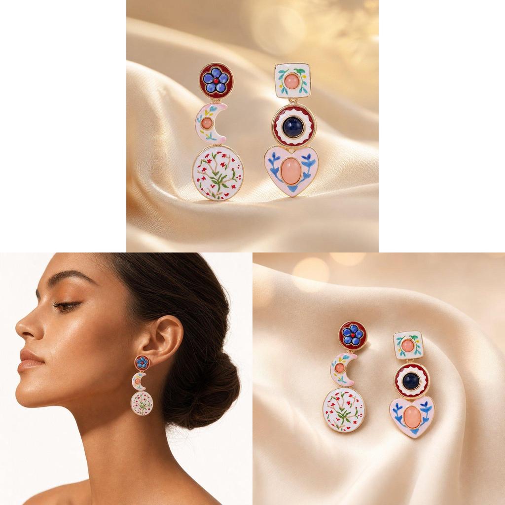 Vintage Geometric Alloy Earrings With Enamel Floral And Asymmetric Heart Design For Women
