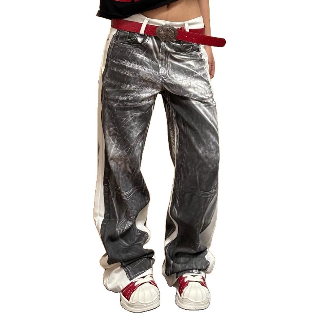 American high street D-printed lightning crack jeans men's and women's niche retro loose wide-leg design trendy cool trousers