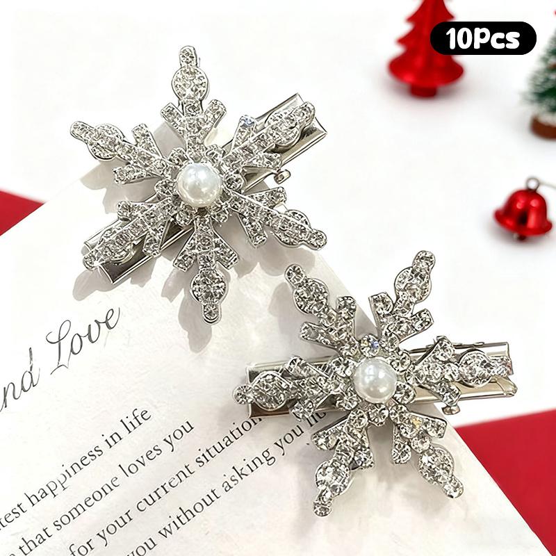 Christmas Sparkle Zircon Snowflake Hairpin Set of 2/5/10, Women's Cute Metal Rhinestone Hair Clips for Party Bangs Accessories