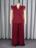 Curvy Women's Wine Red Ruffle Sleeve Suit: Waist-Cinched Slimming Pleated Wide-Leg Pants Set