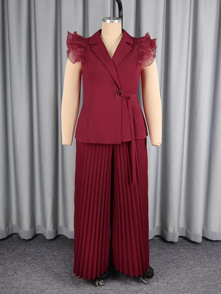 Curvy Women's Wine Red Ruffle Sleeve Suit: Waist-Cinched Slimming Pleated Wide-Leg Pants Set