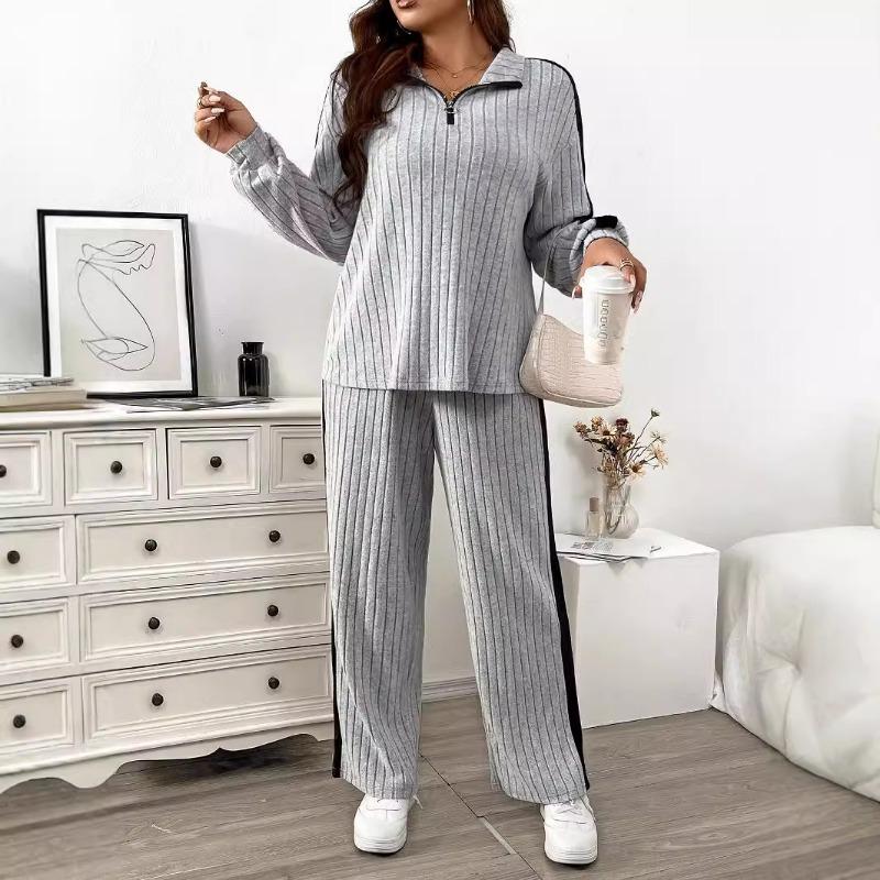 Women Plus Size Lazy Style Loose Casual Color Block Two Piece Sweatshirt Pants Set