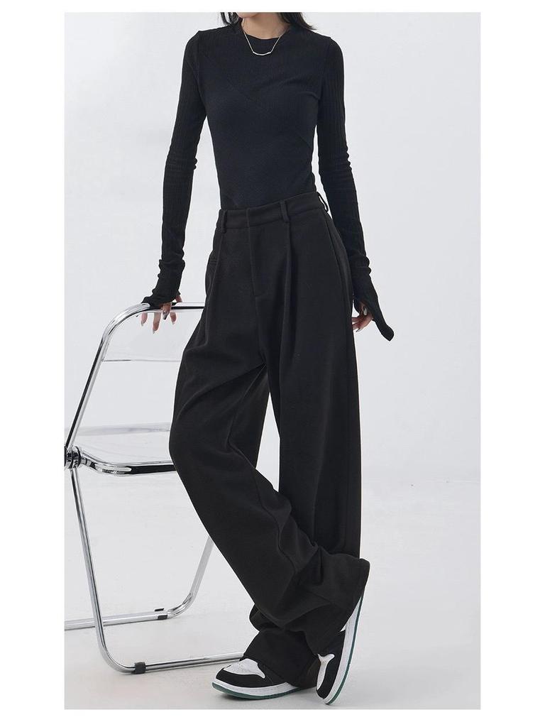 Retro Slimming Melange Wide-Leg Pants for Women - Autumn/Winter Collection