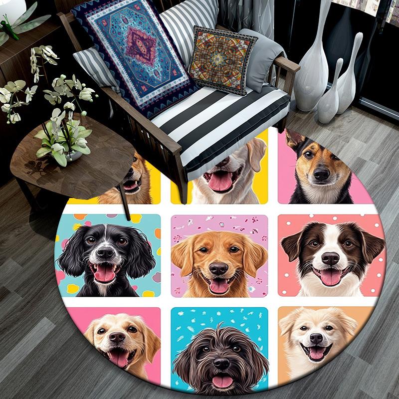 Happy Dog Round Area Rug,Carpet Rug for Living Room Bedroom Sofa Playroom Decor,Non-slip Floor Mat