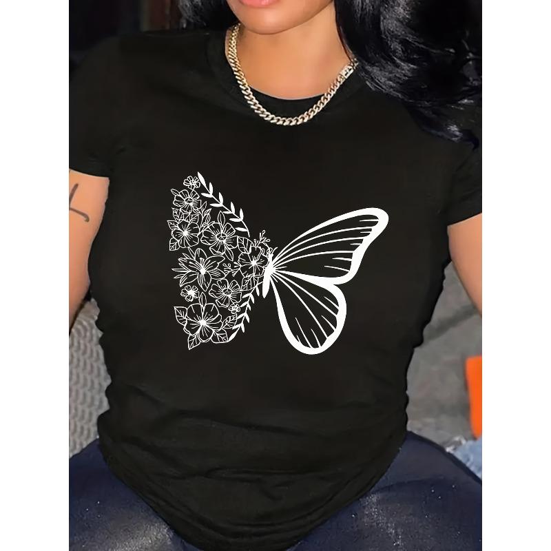 

Women S Casual Short Sleeve T-Shirt with Intricate Butterfly Print - Black Crew Neck, Lightweight PolyesterLadies T Shirts M чорний