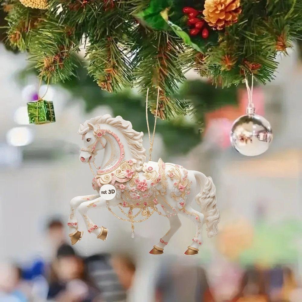 Weißes Pferd Weihnachts-Hängeanhänger Acryl-Taschenanhänger Charms Auto-Pferdeanhänger 2D Flaches Weihnachtsbaum-Ornament Navidad Dekor