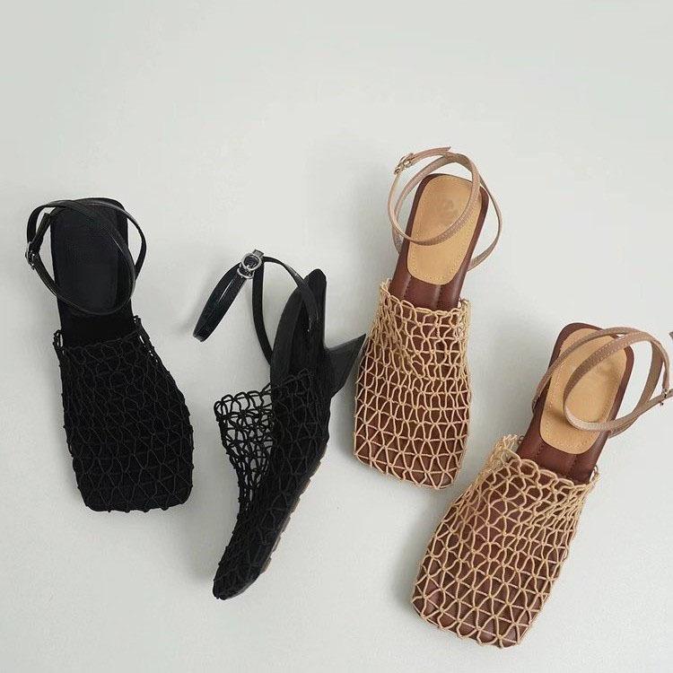 2025 Summer Retro Woven Chunky Heel Square Toe Women's High Heel Sandals