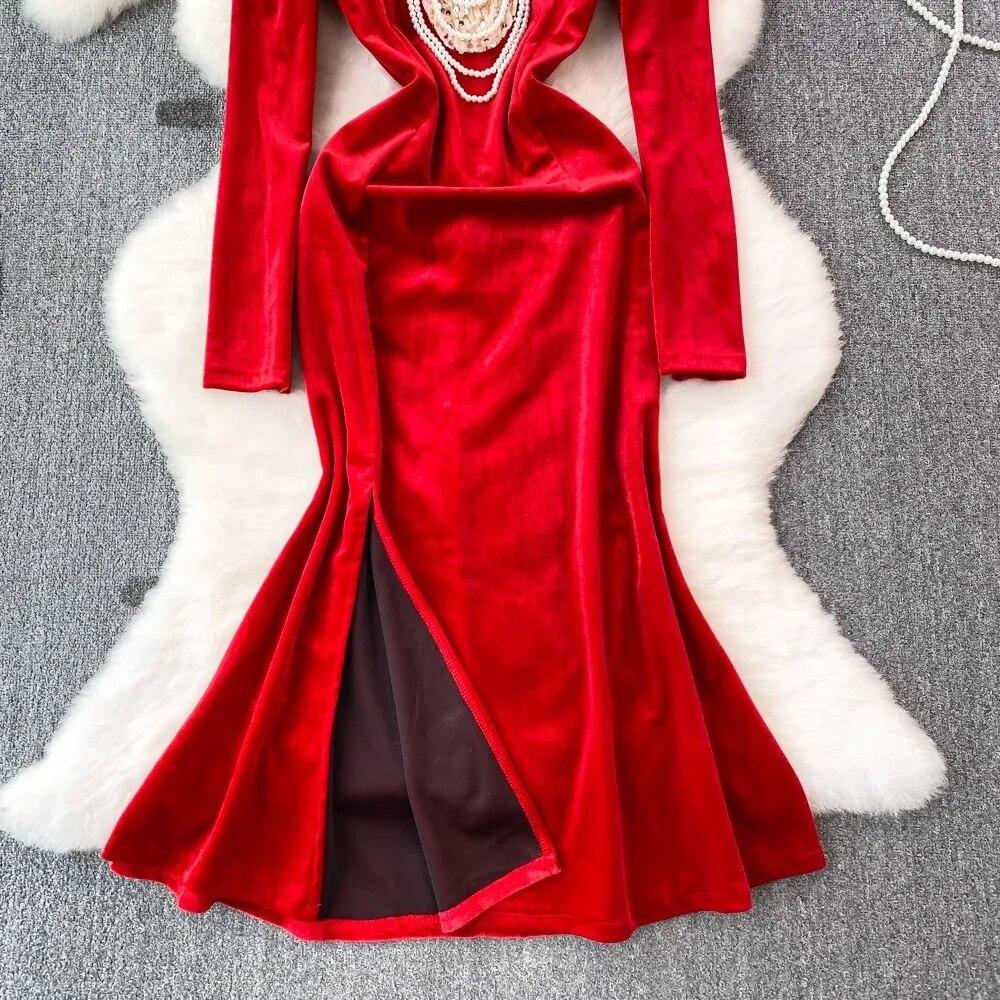 Autumn Winter Luxury Pearls Necklace Velvet Mermaid Dress Women's Stand Long Sleeve Sparkling Sequins Split Wedding Party Robe