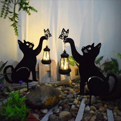 Solar LED Katze Gartenleuchte Schmiedeeisen Erdspieß für Außendekoration