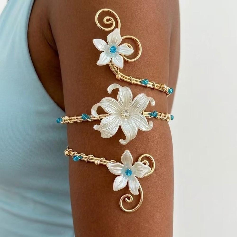 Gold Color Metal Floral Open Cuff Armlet Enamel Glaze Craft Spiral Arm Bracelet  Vacation Style