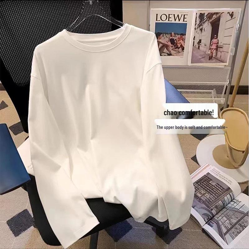 

200 г Женская футболка из чистого хлопка с круглым вырезом - Осень/Зима, Однотонная, Большого размера, Свободного кроя 4XL белый