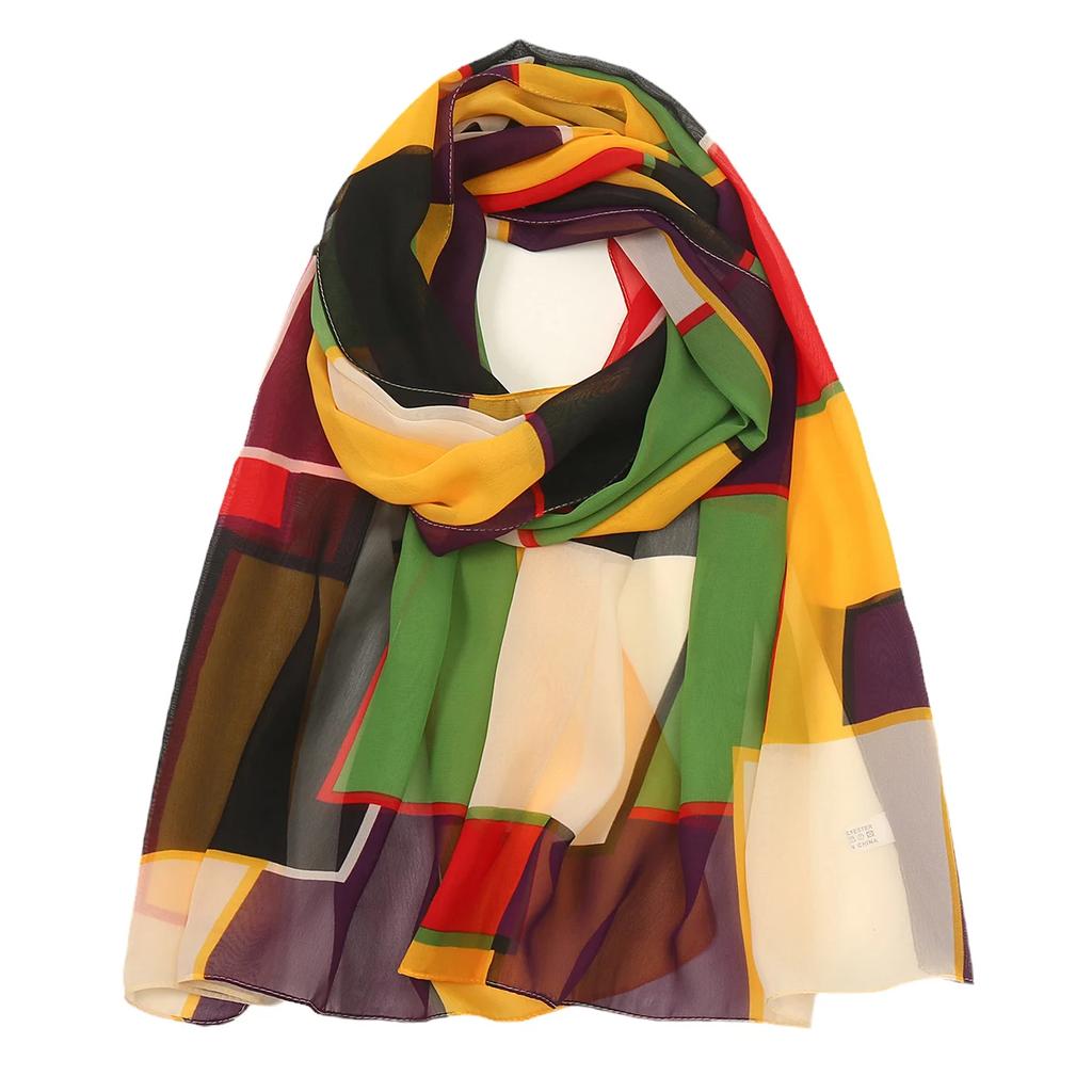 Silk Scarf Chiffon Hijabs For Women Elegant Woman Shawls Wraps Geometric Print Beach Stole Scarves Foulard Femme Hijab 150*50Cm