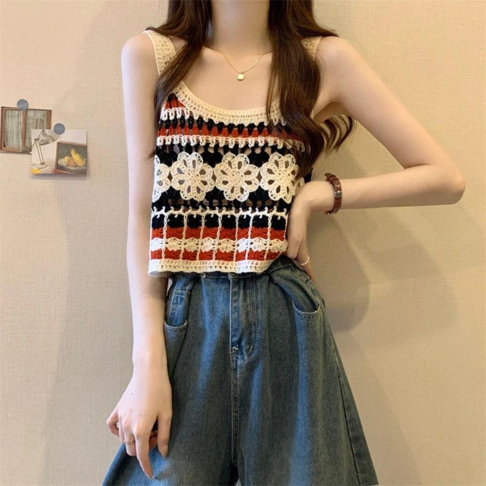 Short Knitted Vest Polyester Fiber Sleeveless Top Sweet Hollow Out Top Women's