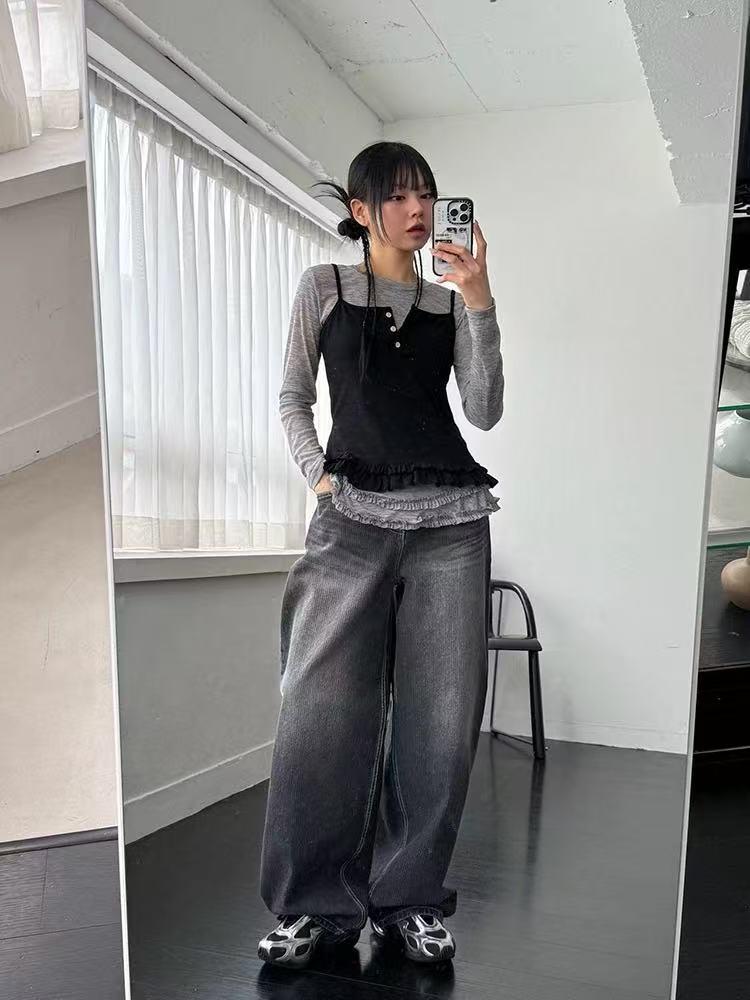 

Fansi Yu Unisex Textured Loose Wide-Leg Jeans - Light Luxury Striped Fabric for Autumn/Winter Black