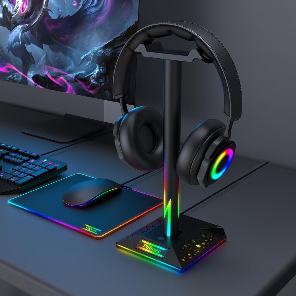 Lanxinda EB01-B Gaming Headset Stand with RGB Lighting USB Control Dual USB Ports ABS Material Neon Bulbs