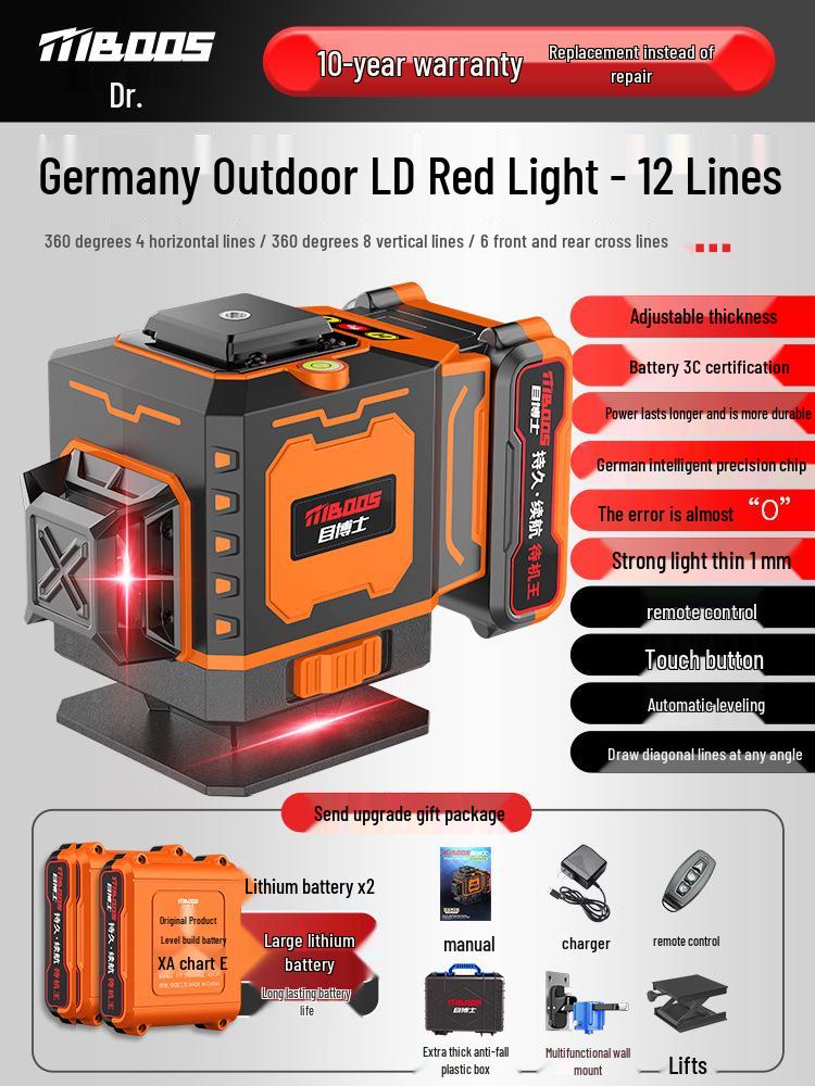 Nível Laser Infravermelho Automático de Alta Precisão de 12 Linhas para Uso Interno/Externo