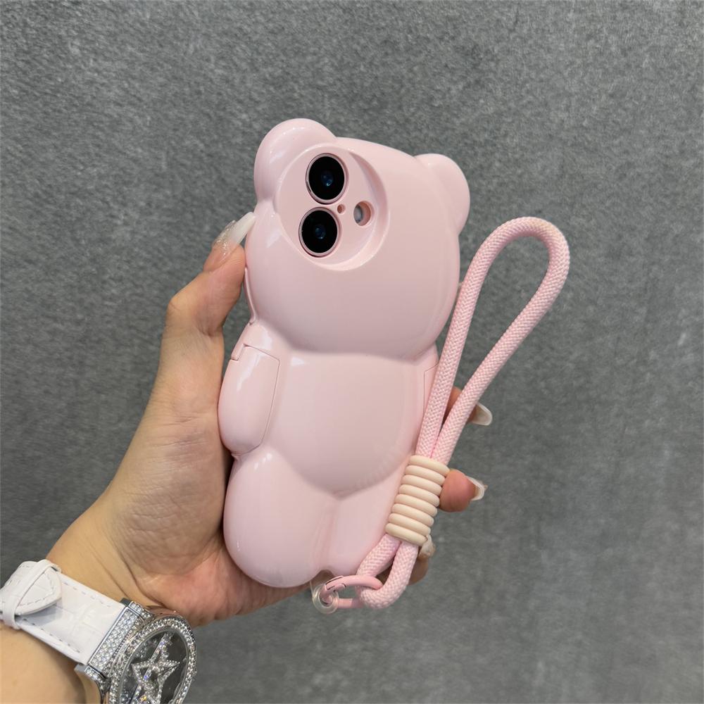 3D Cartoon Bear Wrist Chain Lanyard Phone Case for iPhone 16 15 14 13 12 11 Pro Max Plus Lovely Sweet Silicone Shockproof Cover