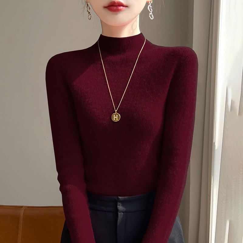 Women's Slim Fit Wool Sweater - Half-High Neck, Long Sleeve, Warm Autumn Winter Knit Base Layer