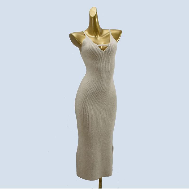 Thick Inner Wear Solid Clavicle Beauty Thin Sling Simple V Original Single Tight Backless Split Knitted Dress