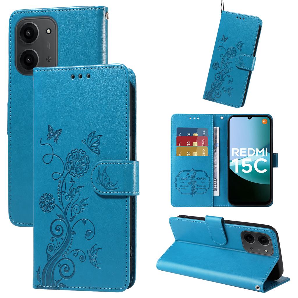 Pro Xiaomi Redmi 15C 5G (EU) (173 mm)/15C 4G (EU) (173 mm) Kožené pouzdro Motýl Květinový Vzorek Peněženka Stojánek Kryt