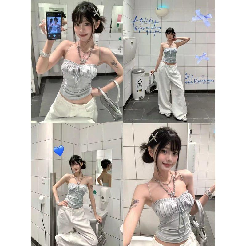 Kumikumi Sweet and Spicy Style Blue Lace Edge Lace-up Cami Women clothes Summer Sexy Slim fit Slimming Top