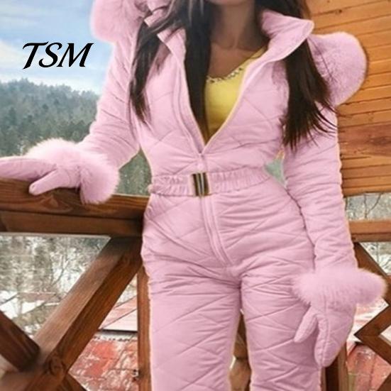 Tuta da Sci con Chiusura a Zip da Donna Tuta Invernale con Guanti Vita Elastica Imbottita Spessa Tuta da Neve Giacca con Cappuccio Antivento Outfit da Esterno Impermeabile