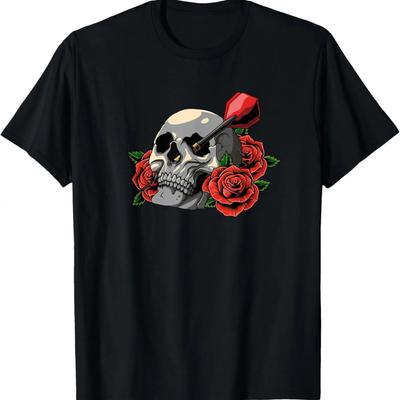 Darts Player - Skull Red Roses Dart Arrow T-Shirt