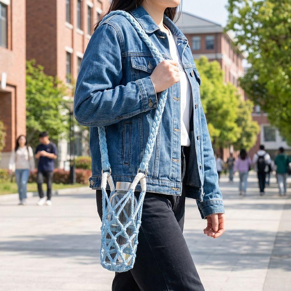 Cotton Rope Crochet Cup Holder Breathable Foldable Portable Coffee Cup Bag Easy To Carry with Strap Hollow Out Cup Sleeve Mugs