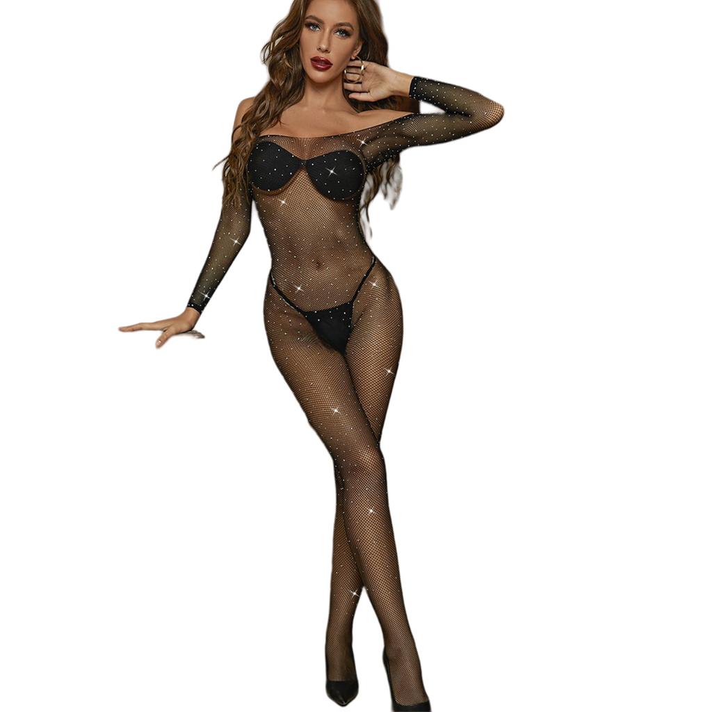 Sexy Shiny Hollow Long Sleeve Bodysuit Lingerie Plus Size Woman Fishnet Costumes Black Mesh Stocking Body Suit