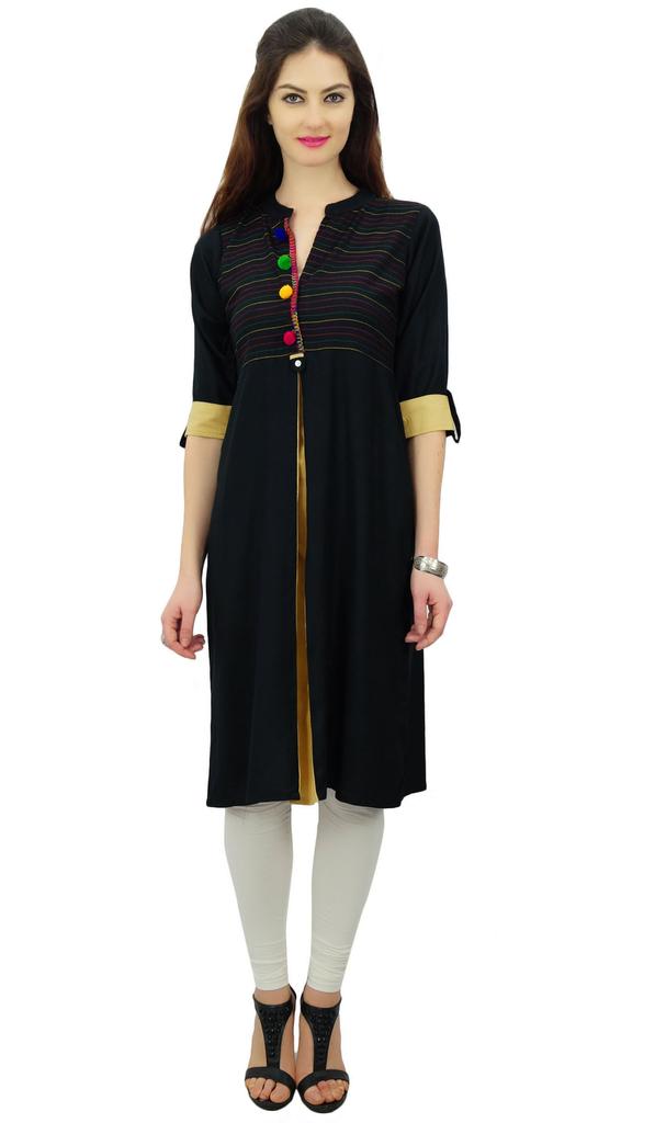 Phagun Womens Indian Ethnic Rayon Black Kurti Tunic Designer Pom - Pom Kurta -