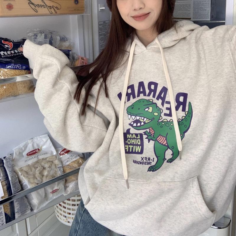 Women's Korean Style Plush Hooded Sweatshirt - Loose Fit for Autumn and Winter