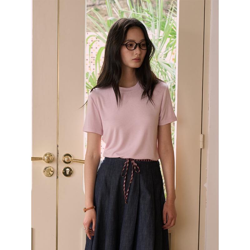 Tencel Modal Mulberry Silk Short-sleeved Women's Summer Round Neck Wool Outer Shirt Slim-fitting and Thin Versatile Bottoming Shirt