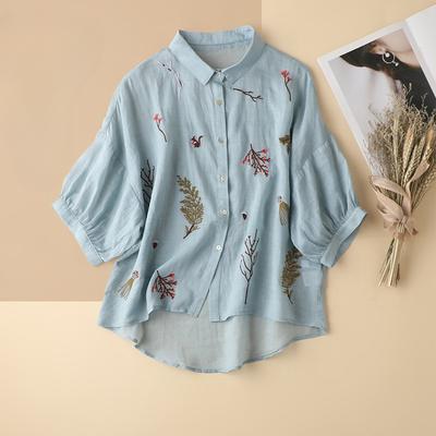 Camicia Estiva a Sette Punti in Cotone Lino Ricamata per Donna Letteraria Temperamento Ampia Rever Top Casual per Donna Top