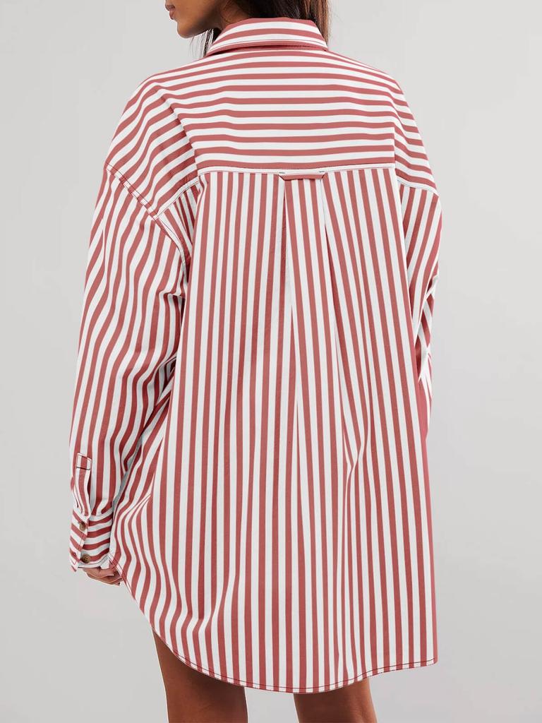Womens Oversized Striped Button Down Shirt Long Sleeve Boyfriend Blouse
