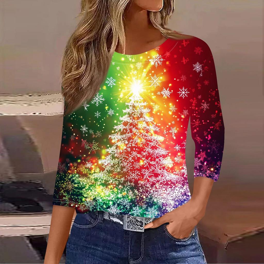 Dámská vánoční košile s kulatým výstřihem a potištěným sedmičtvrtečním rukávem.