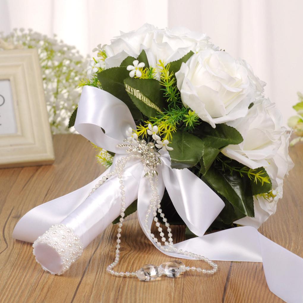 Wedding Satin Bouquet with Pearl Ribbon Bridal Hand Decoration Artificial Decorative Flowers for Engagement Celebration