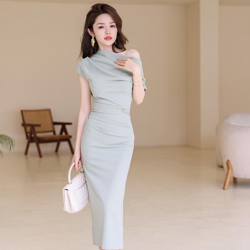 GMXIA Summer Women's French Design with Sloping Neck and Waist Slimming and Hip Wrap Dress