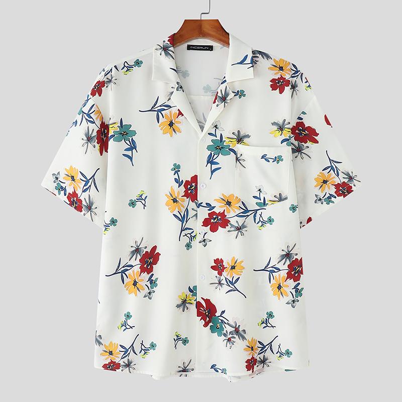 

INCERUN Summer Oversized Men Lapel Short Sleeve Floral Print Hawaiian Shirts S белый