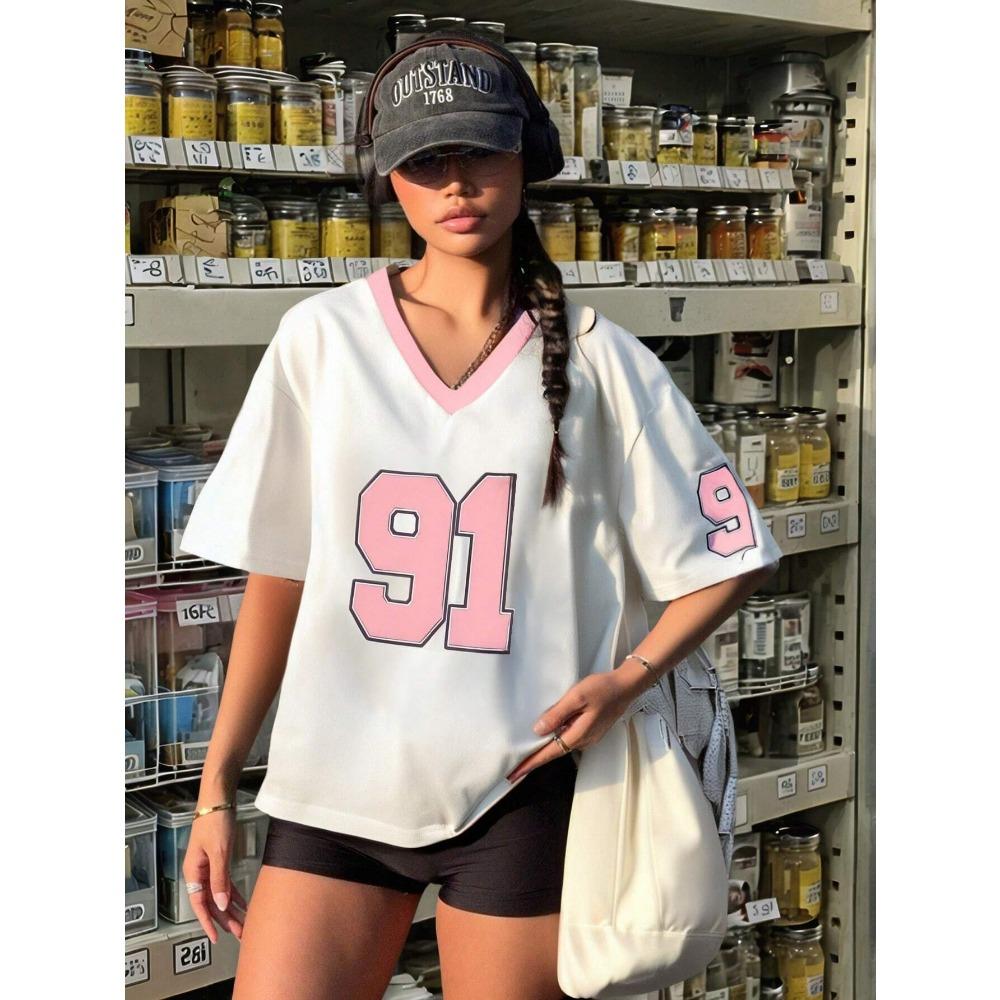 Digital Print V-neck Summer Women's Street Fashion T-shirt, Simple and Fashionable Sports Casual Women's Top