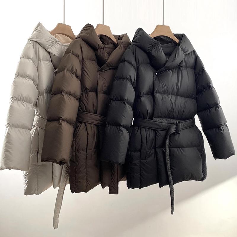 Winter Hooded Women's Down Jackets Warm Casual Lace Up Coat Puffer Jacket Belt Elegant Parka Overcoat