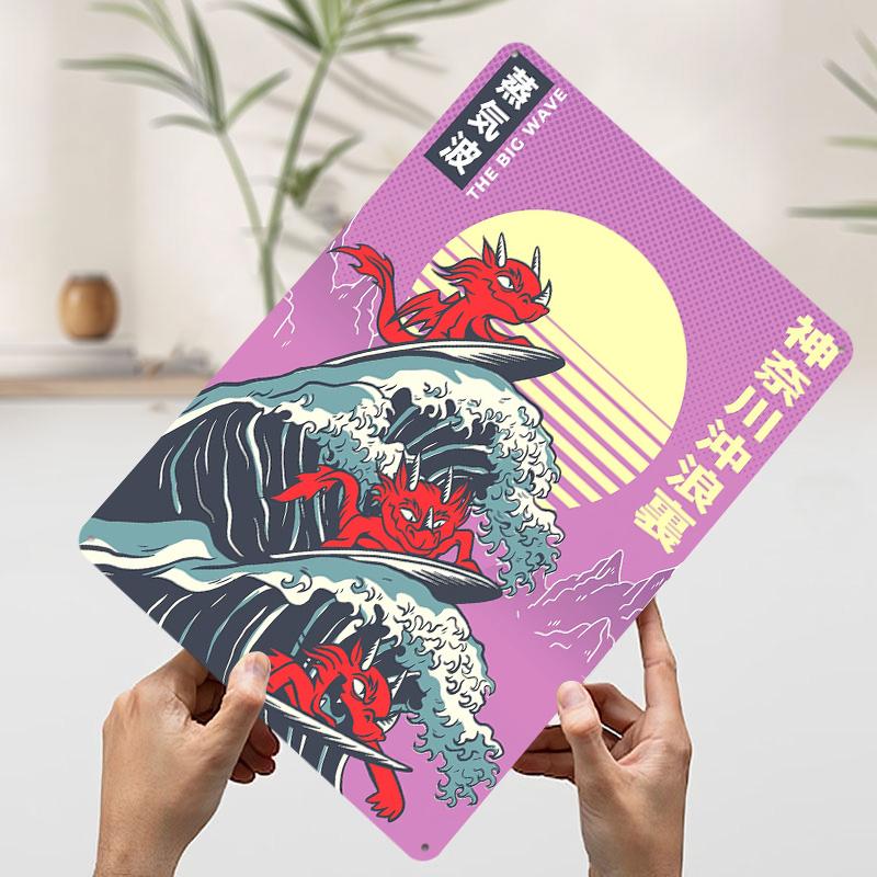 

Surfing Dragons Great Wave Poster Customized Wall Art Vintage Metal Signs Retro Tin Plaque for Man Cave Decoration Gaming House 20x30cm（7.8x11.8inch）