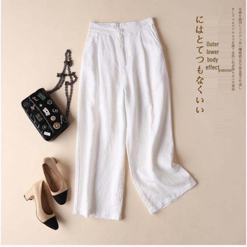 2024 Spring/Summer Women's Cotton Linen Wide-Leg Casual Nine-Point Trousers