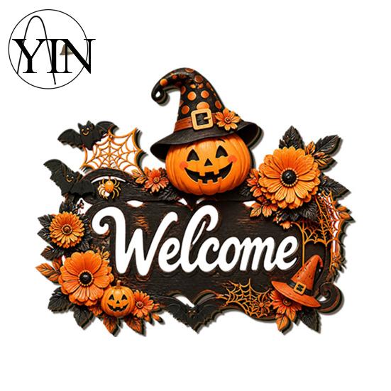 Wooden Craft Hanging Decoration Halloween Pumpkin Ghost Welcome Door Hanger Sign, Cute Wall Ornament with Bell Holiday Sign for Store Entry