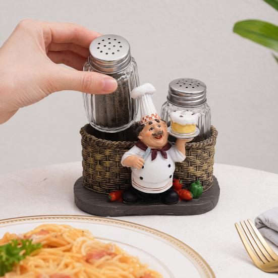 DYS Salt And Pepper Shakers Set, Decorative Resin Chef Statue Spice Organizer, Glass Seasoning Holder for Kitchen Dining Centerpiece
