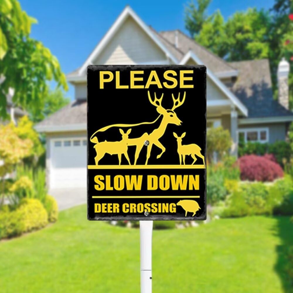 Deer Crossing Sign for Yard,Please Slow Down Sign With Stake,Outdoor 8" X 12" Wildlife Sign Aluminum Safety Sign for Street Neighborhood Driveway