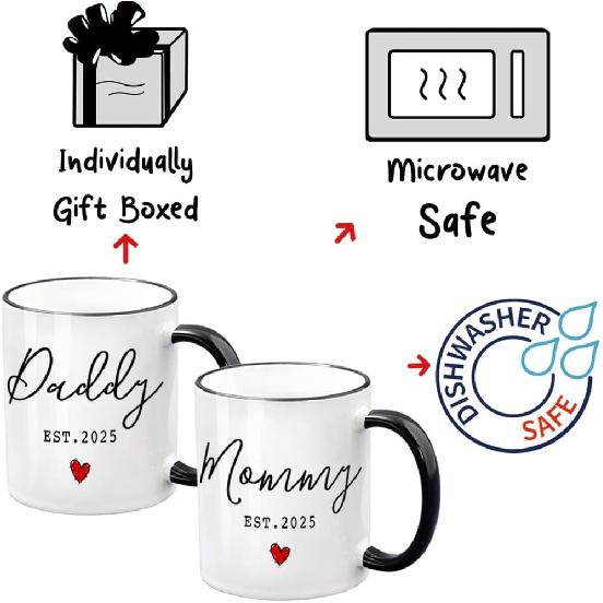 EST 2025 New Daddy & Mommy Coffee Mugs Set of 2, First Time Mommy Daddy Gift Prospective Parents Mugs Gift, EST 2025 Valentine's Day New Parents