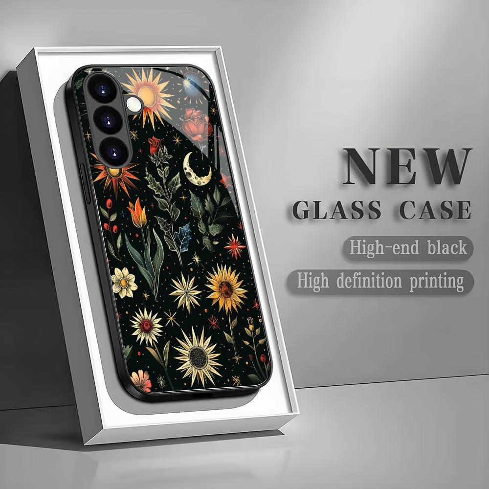 Retro Floral Plant Tempered Glass Phone Case Suitable for Samsung Galaxy S26 S25 S24 S23 S22 S21 S20 FE/Ultra/Plus Anti Drop
