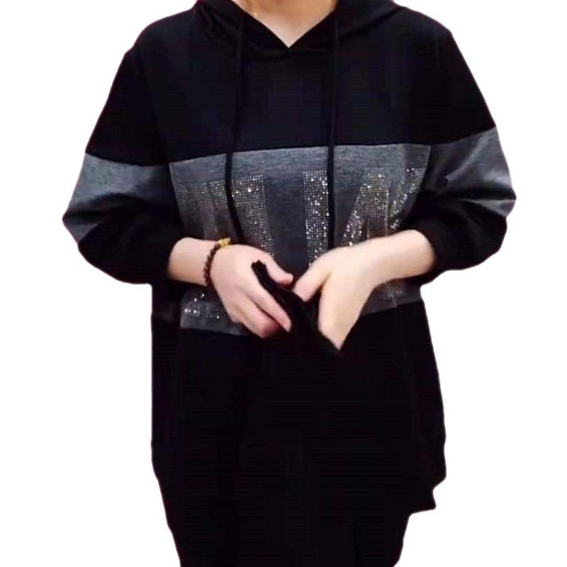 Módní mikina s kapucí a horkými kamínky Dvoudílná sada pro ženy Raný podzim Volný zeštíhlující Ležérní sportovní oblečení