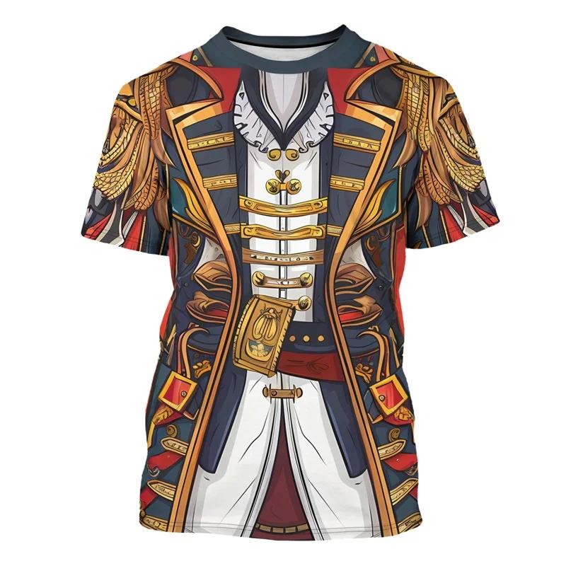 Fun Role-playing Costume Round Neck Short Sleeved Tailcoat THE Pirate Captain Pattern Men's T-shirt New Fashionable Party Top
